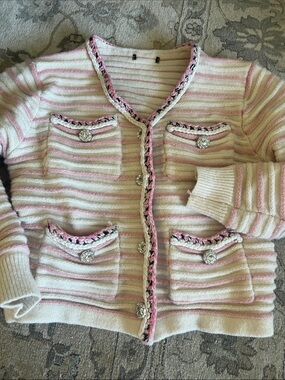 Self-Portrait Style Pink and Cream Striped Knit Cardigan